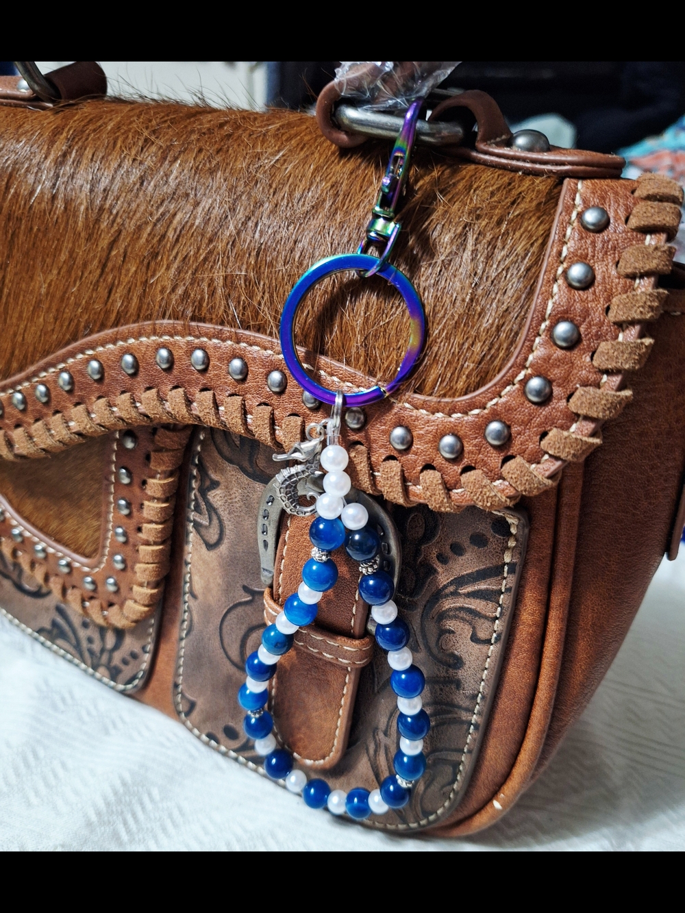Beaded Blue and White Pearl Keychain